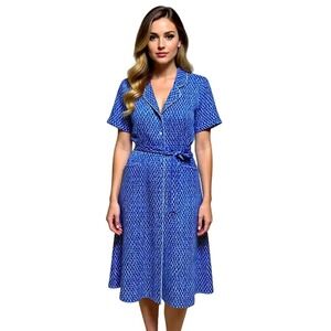 Appleseeds Geometric Print Button Front Midi Dress Belted Collar Short Sleeve 10